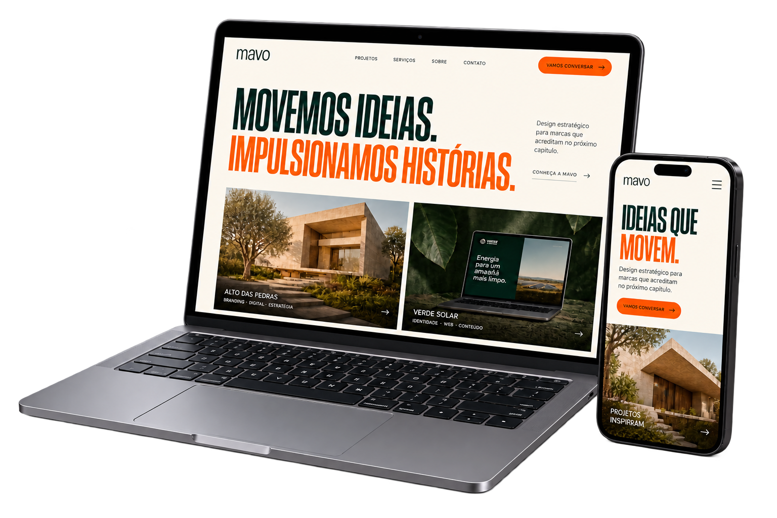 Notebook e celular exibindo o site da Mavo em versões desktop e mobile